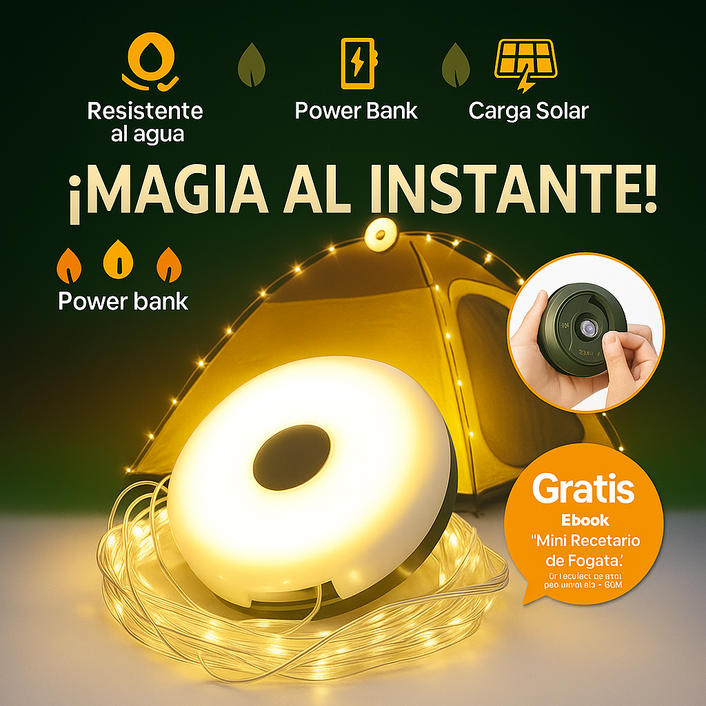 LumiCamp - Lámpara LED Solar | Luz, Power Bank y Magia al Instante